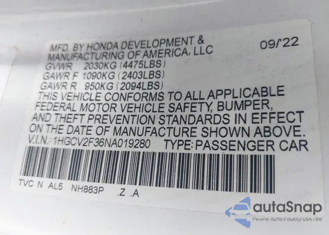 2022 Honda Accord Sport 2.0T from USA, damaged, VIN 1HGCV2F36NA019280